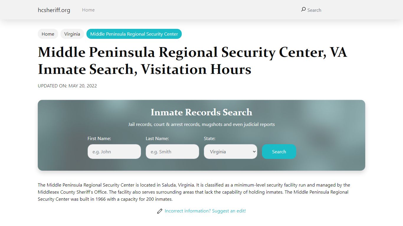 Middle Peninsula Regional Security Center, VA Inmate ...